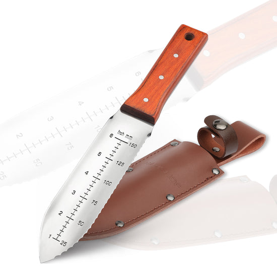 HAUSHOF Hori Hori Garden Knife 7”Stainless Steel Serrated Blade with Cutting Edge, Gardening Tool with Leather Sheath