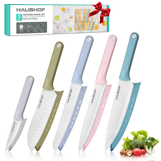 HAUSHOF 5 PCS Colorful Kitchen Knives with Sheaths