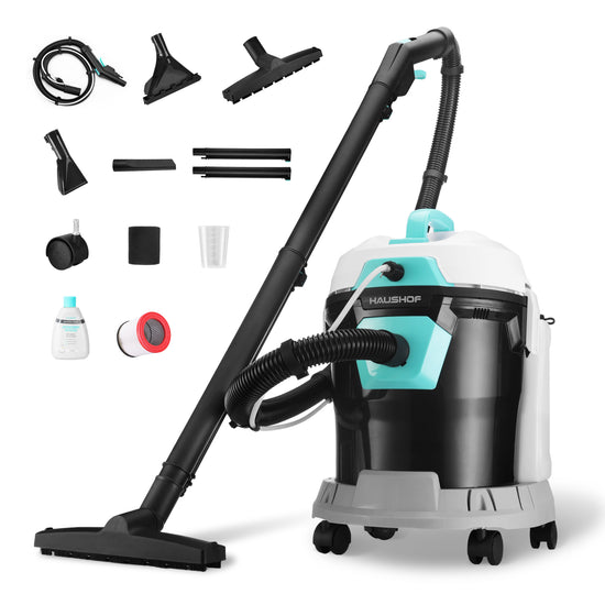 4-gallon wet/dry shop vacuum with black and teal tank, hose, and floor brush attachment